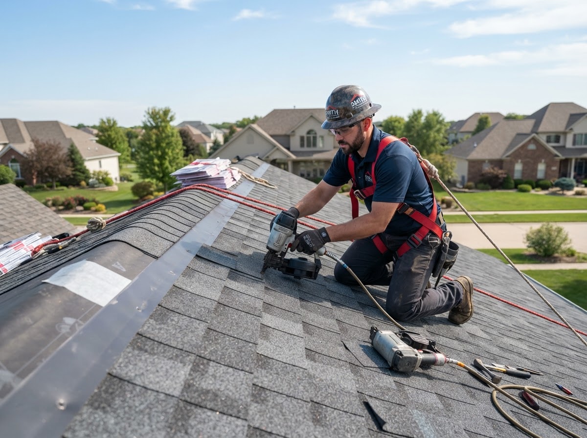Roofer inspecting and installing asphalt shingles on a residential roof