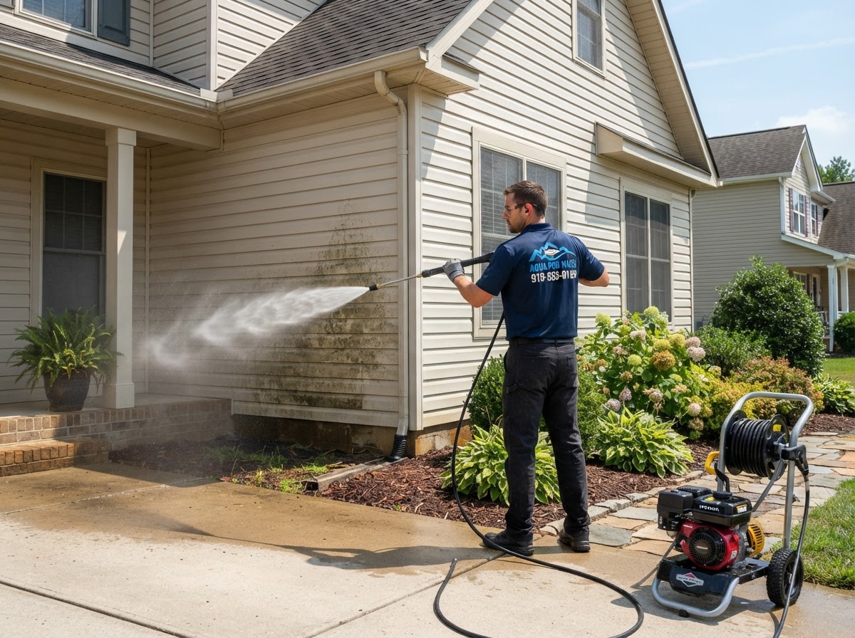 Pressure washing technician cleaning the exterior siding of a residential home
