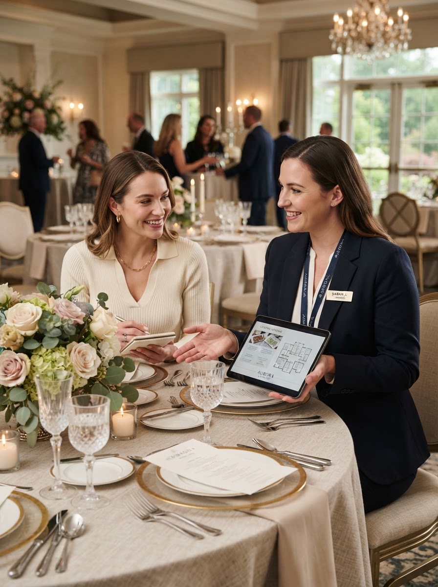 Catering manager consulting with a client at an event table