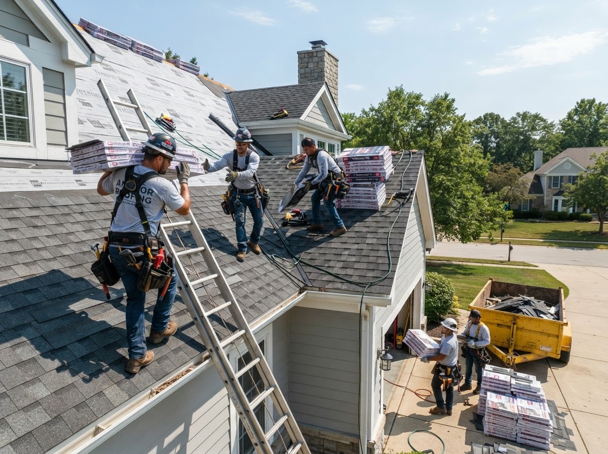 Roofing crew carrying and loading shingle bundles onto a roof