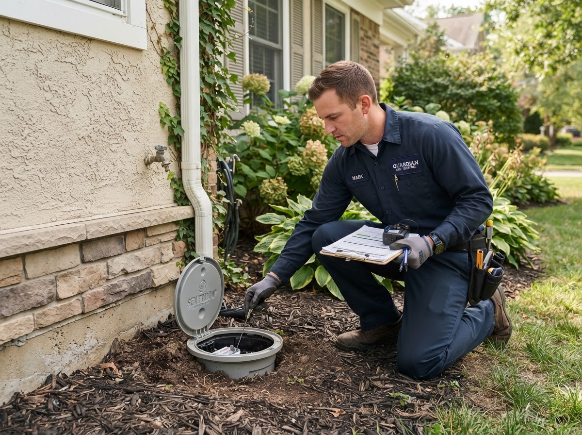 Pest control technician inspecting termite bait stations around a foundation