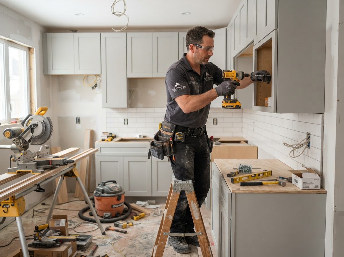 Remodeling contractor installing kitchen cabinetry in a home renovation