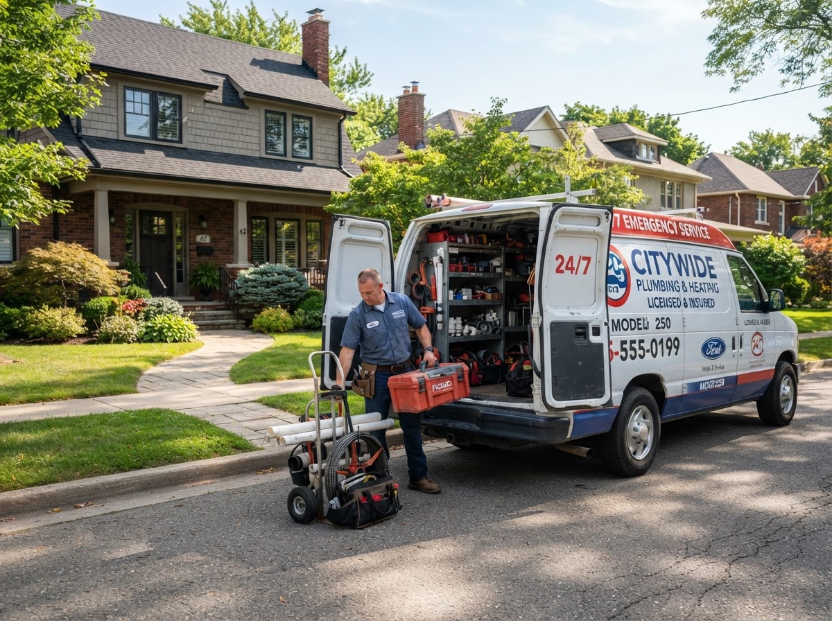Plumbing service truck parked outside a residential home