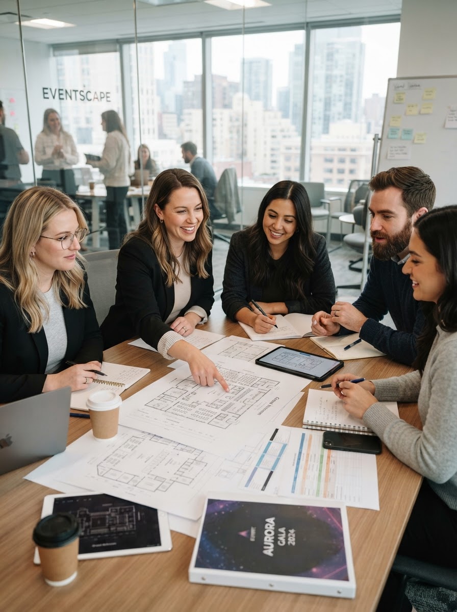 Event planning team collaborating in a modern office