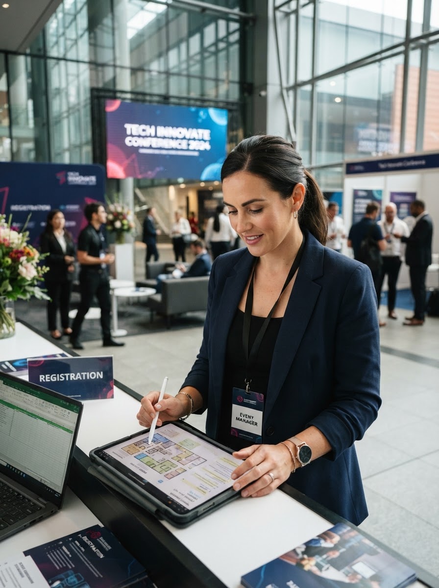 Event coordinator reviewing plans on a tablet