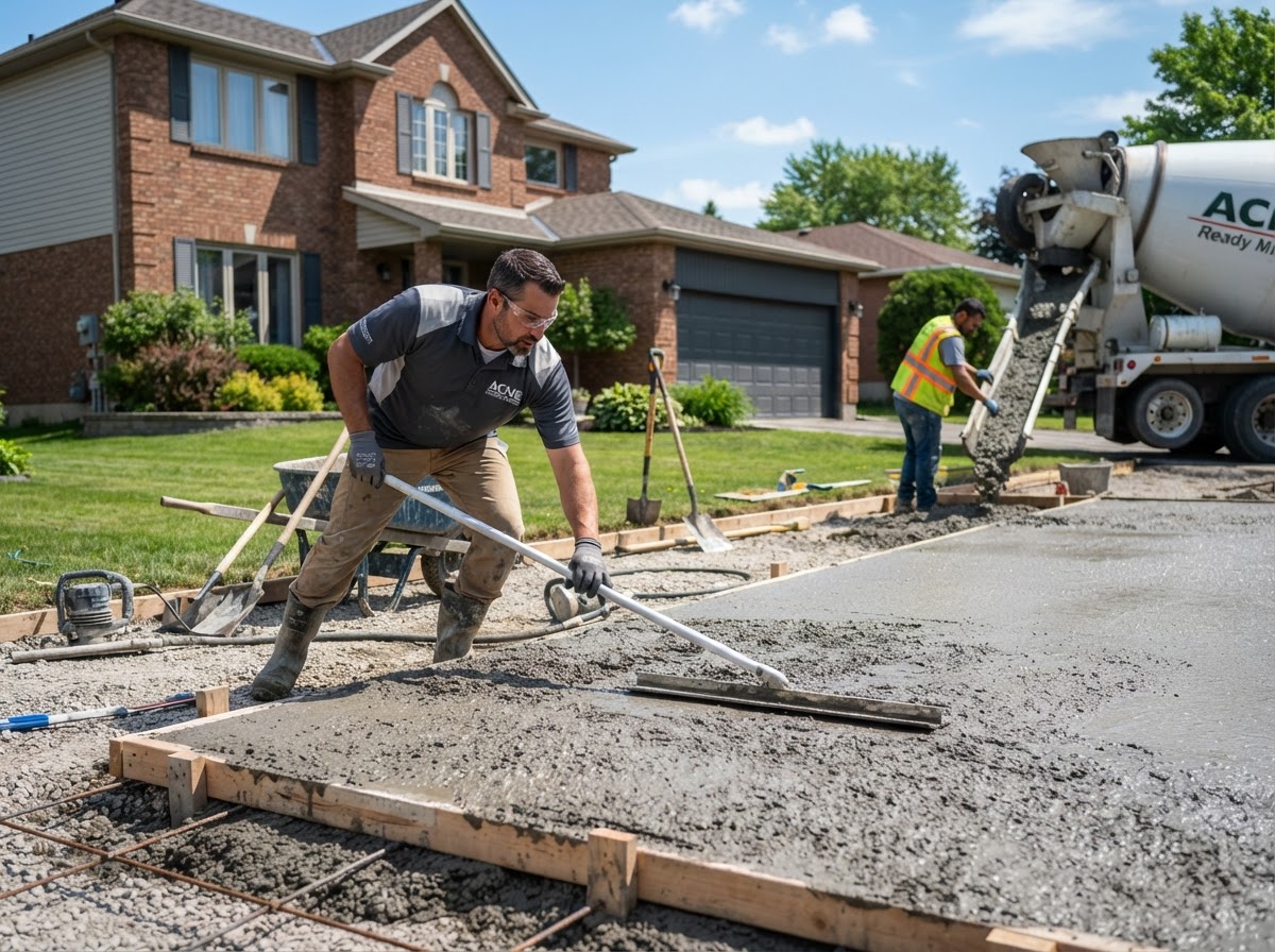 Concrete contractor pouring and finishing a residential driveway