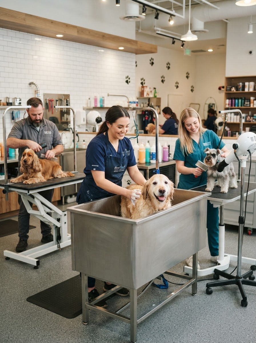 Pet grooming team working in a modern pet salon
