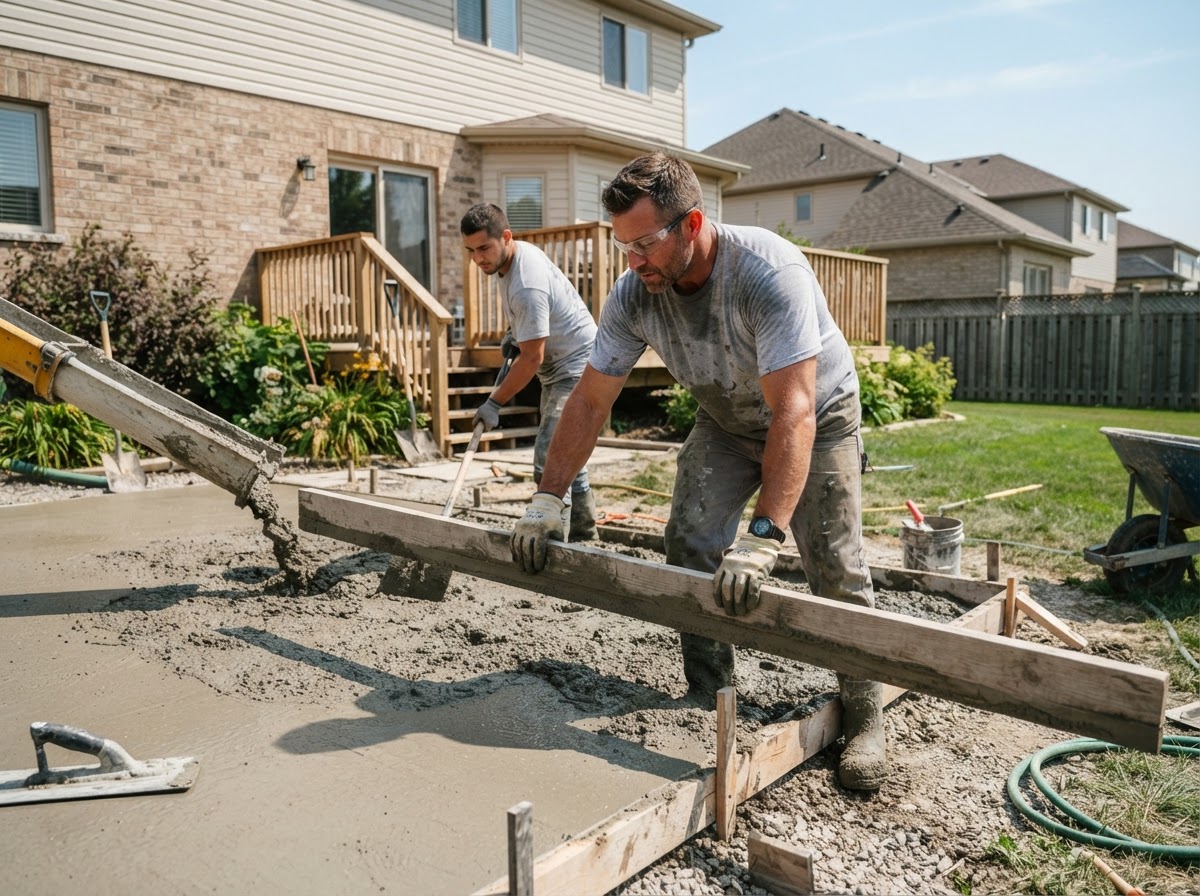 Concrete contractor pouring and leveling a residential patio with a screed board