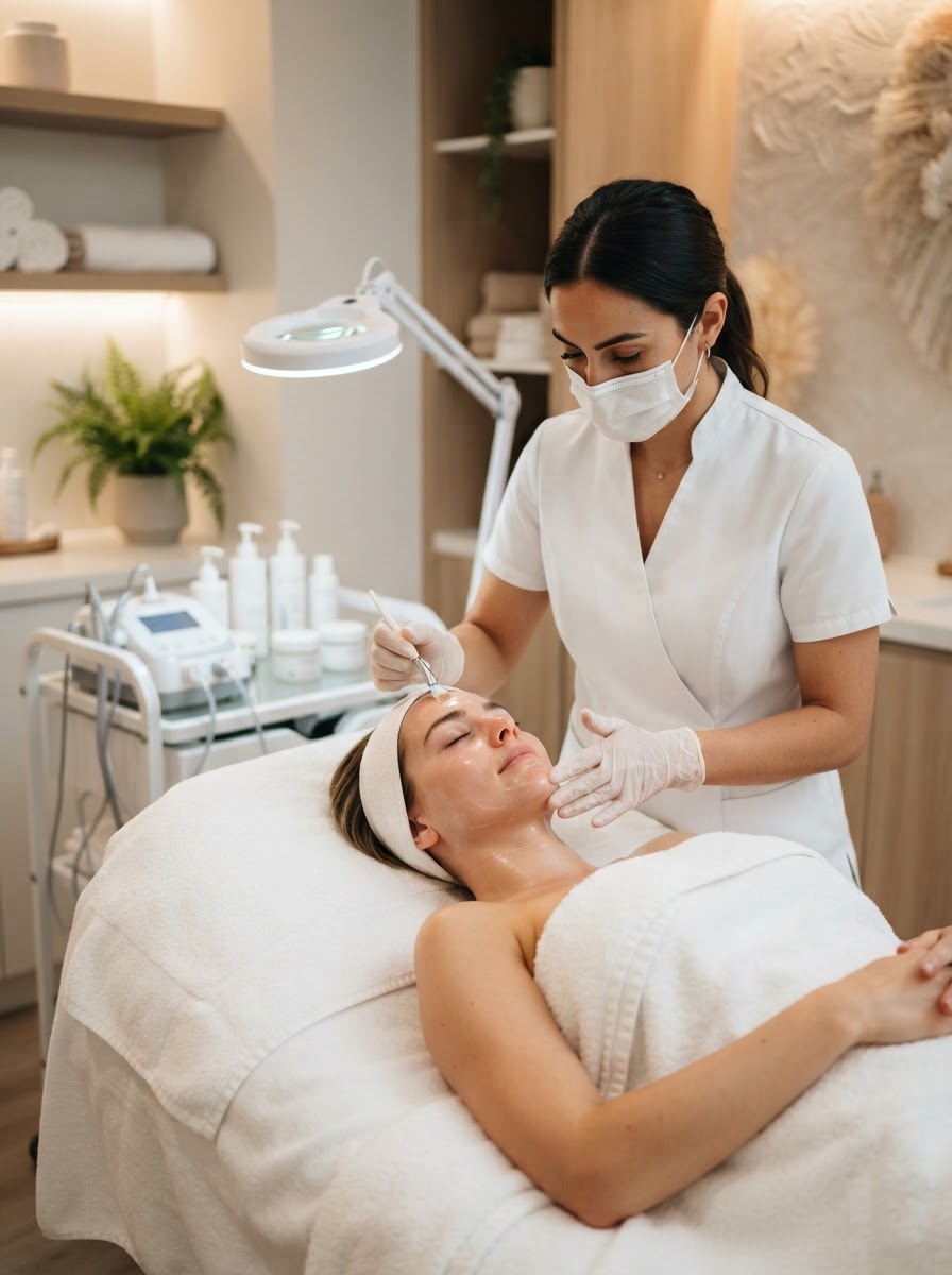 Esthetician performing a skincare treatment in a modern spa
