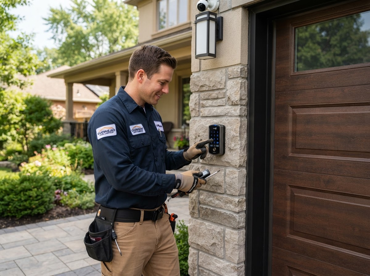 Garage door technician programming a smart garage door opener keypad