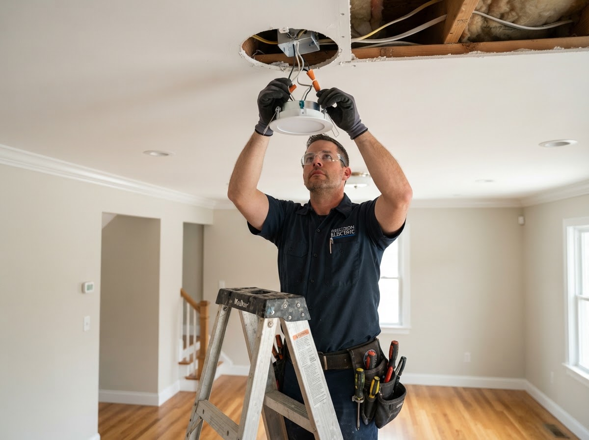 Electrician installing recessed ceiling lighting in a home