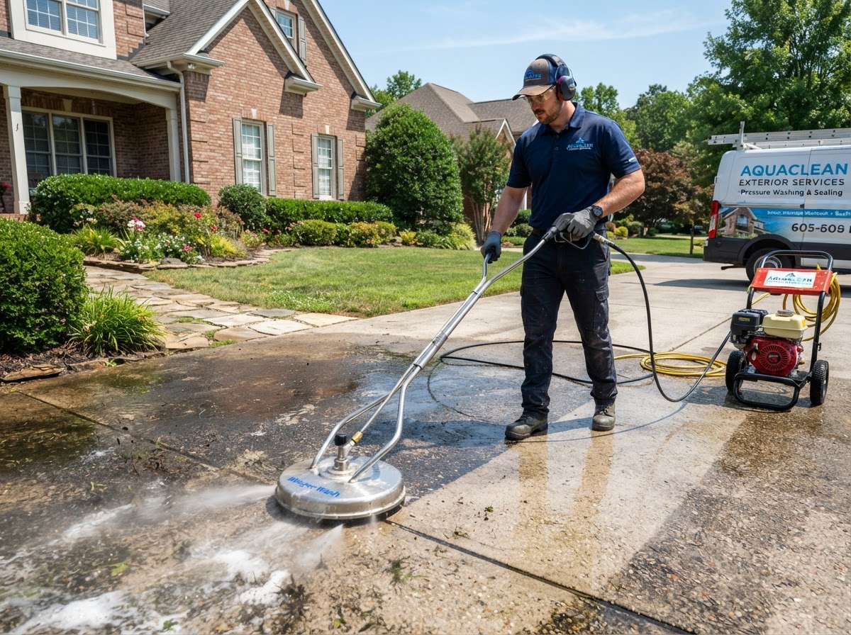 Pressure washing technician cleaning a residential driveway with a pressure washer