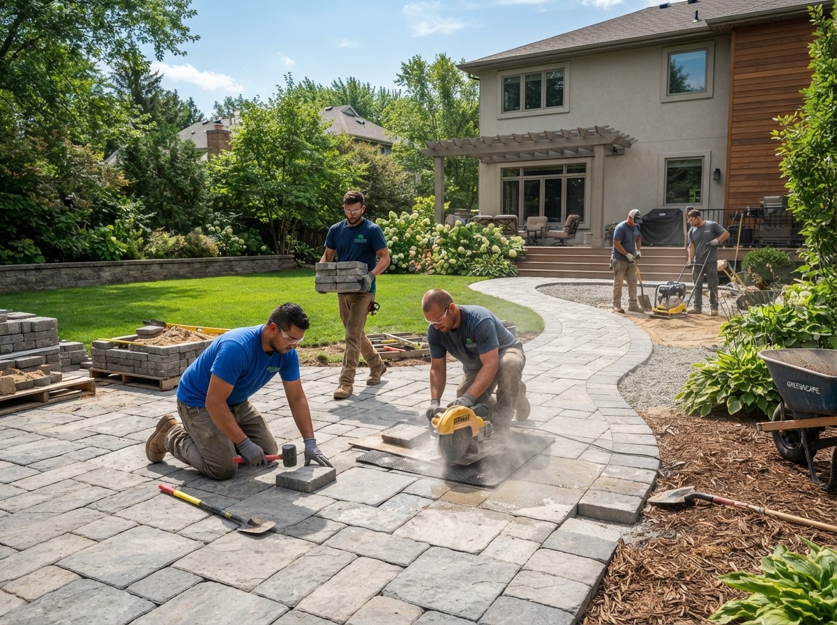 Landscaping crew building a stone paver patio and walkway