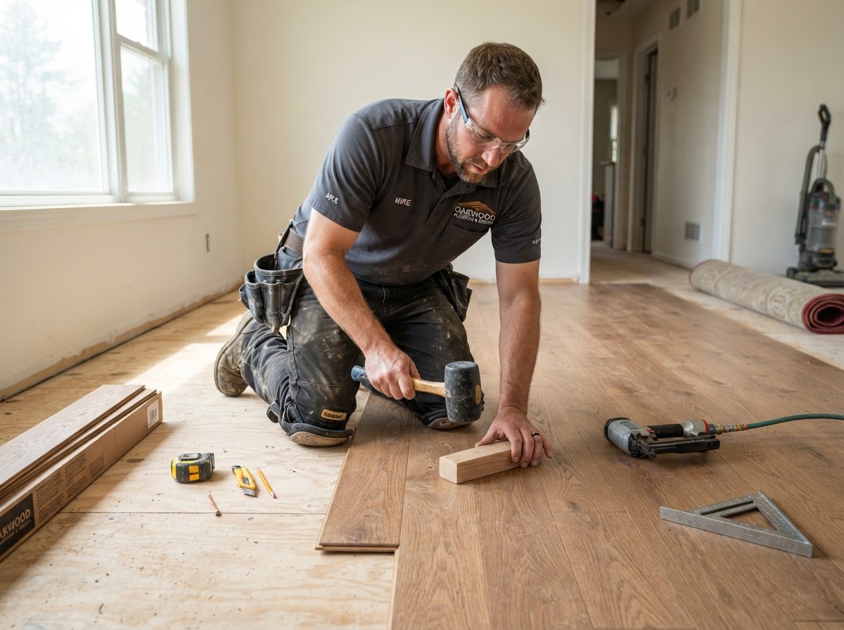 Flooring contractor installing hardwood flooring planks in a residential home