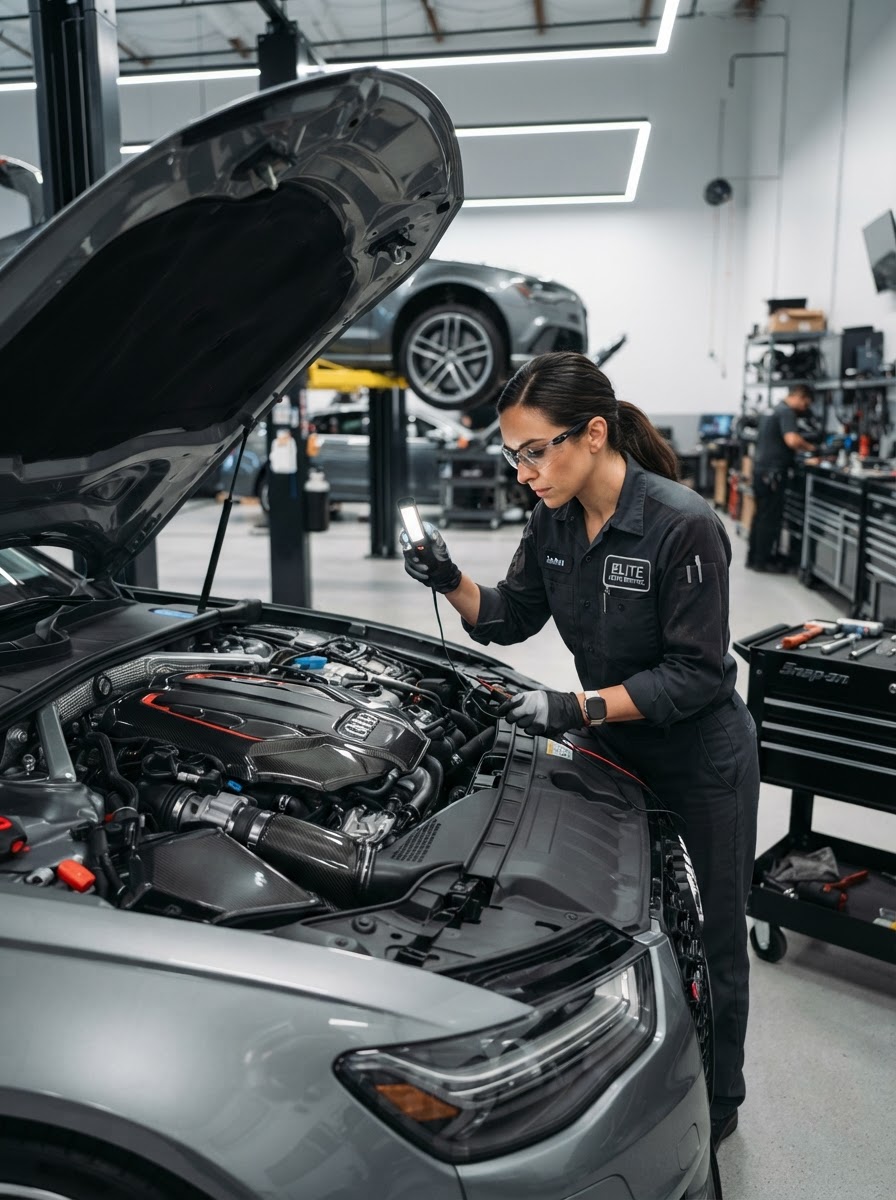 Auto technician inspecting a car engine