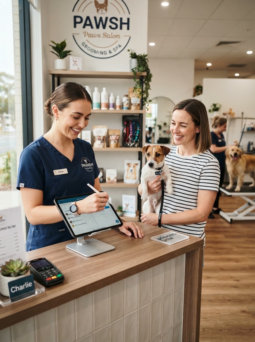 Pet salon receptionist booking appointments on a tablet