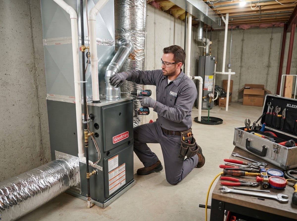 HVAC technician installing a new indoor furnace unit in a basement