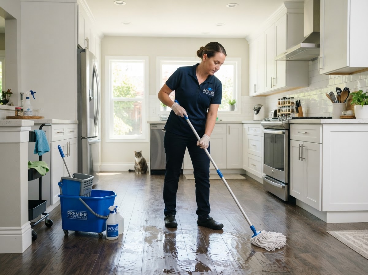 Cleaning service worker mopping a residential kitchen floor