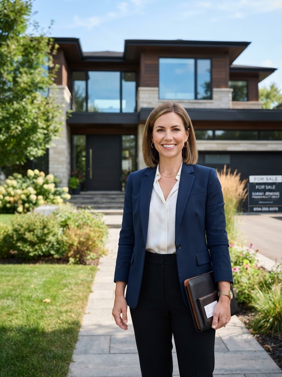 Confident female real estate agent in front of a modern home
