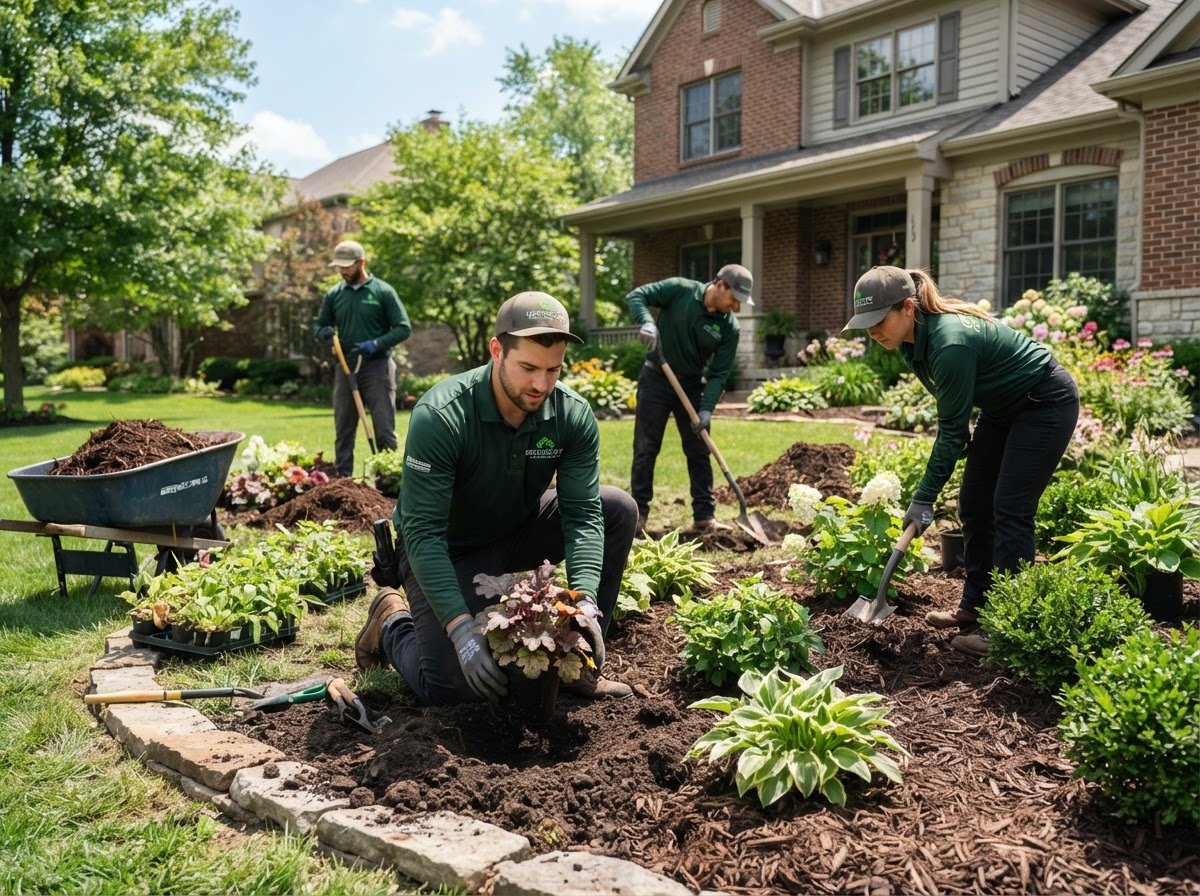 Landscaping crew installing plants and mulch in a residential front yard