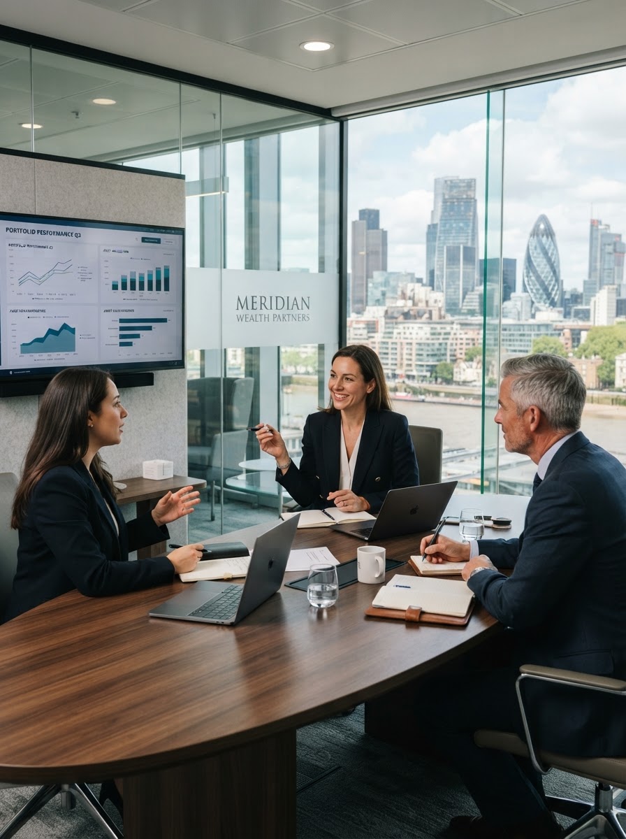 Wealth management team meeting in a modern glass office