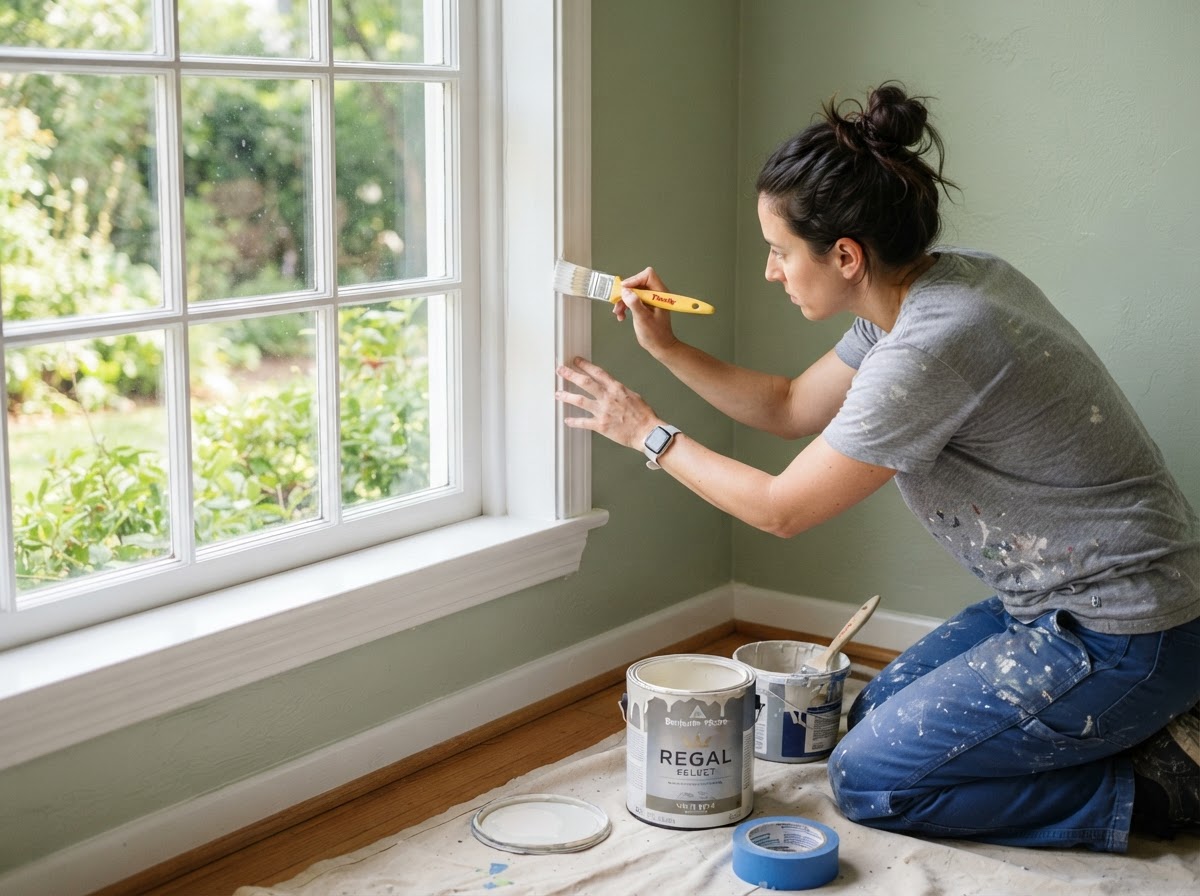 Painter cutting in trim with a brush near a residential window frame
