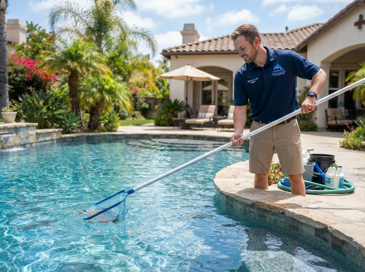 Pool service technician skimming and cleaning a residential swimming pool
