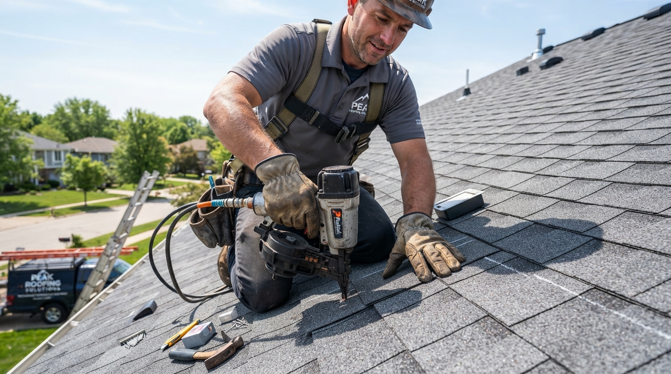 Roofer inspecting and working on a roof with professional tools