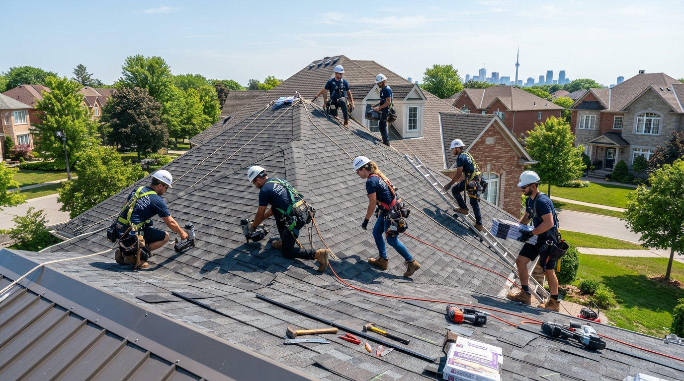 Professional roofing crew working together on a residential roof