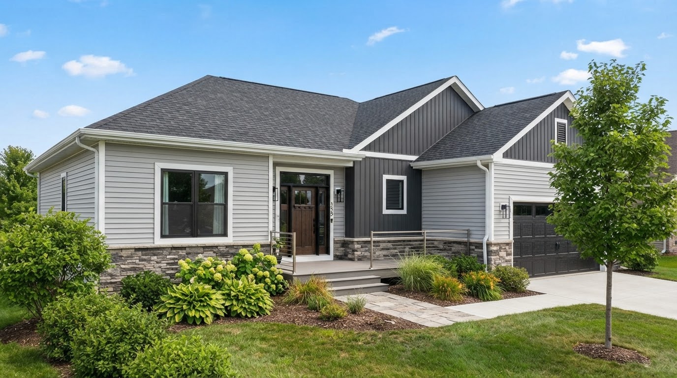 Crisp new vinyl siding, soffit and fascia on home exterior