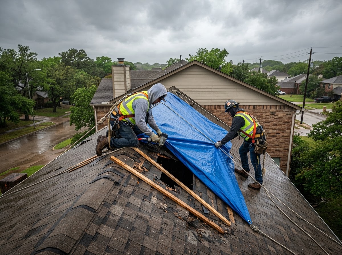 Roofer responding to storm damage with emergency tarping