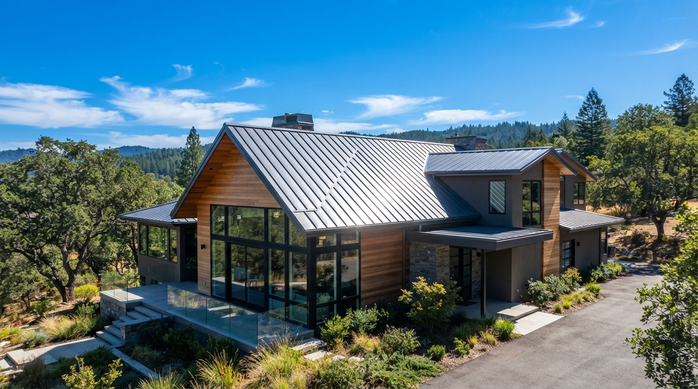 Standing seam metal roof gleaming in sunlight on modern home
