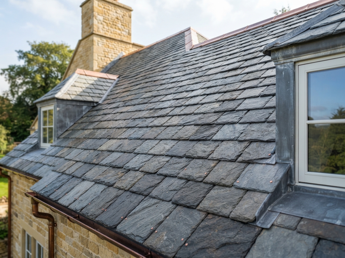 Elegant natural slate roof on an upscale home