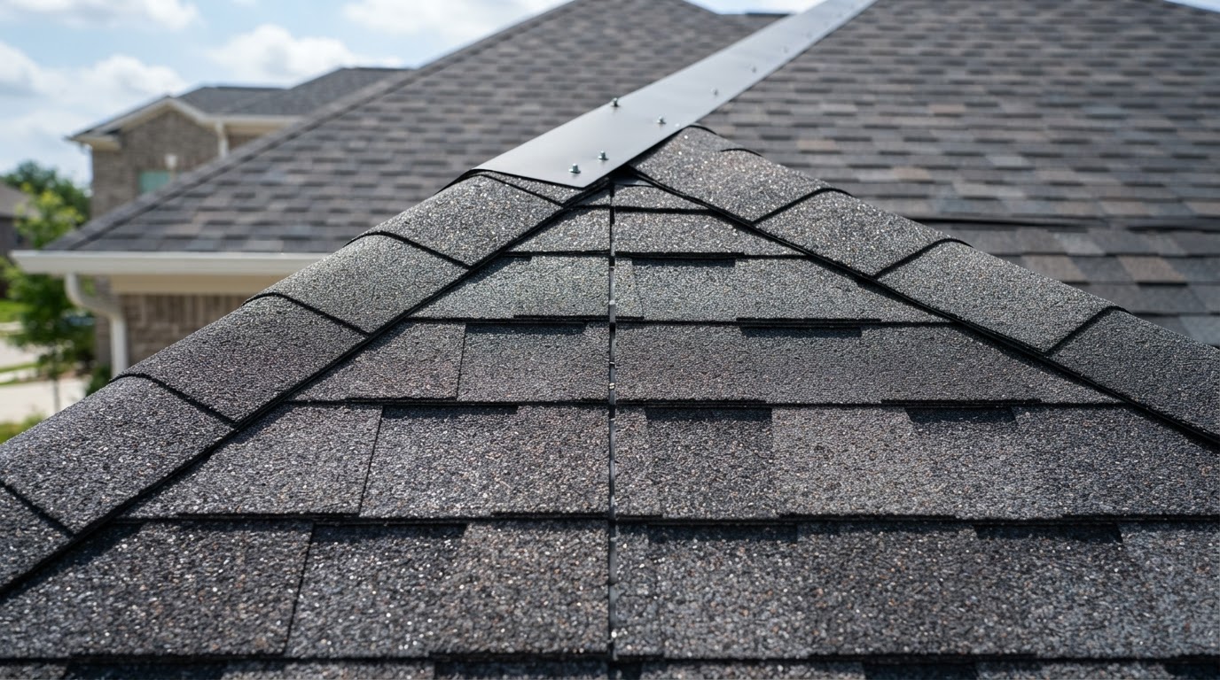 Close-up detail of freshly installed architectural shingles on residential roof