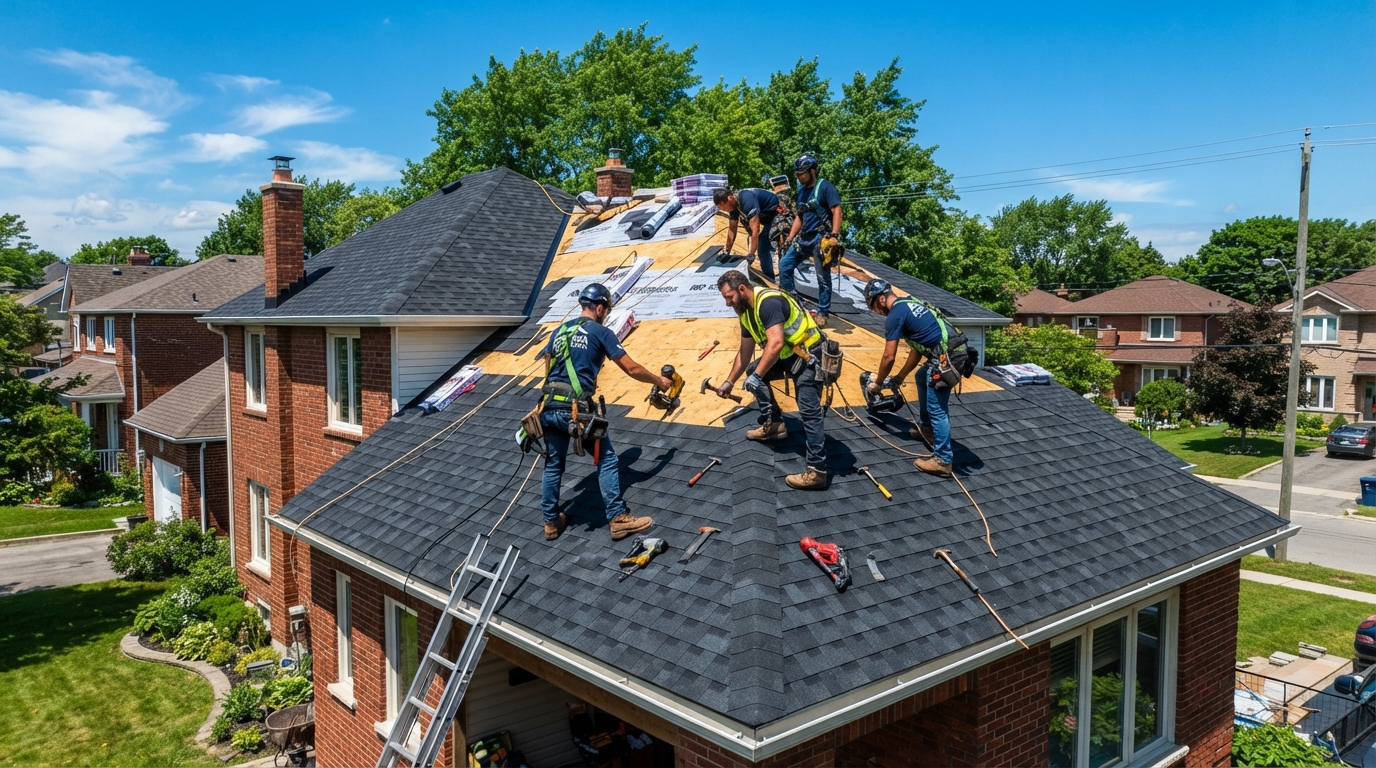 Professional roofing crew installing shingles on a residential home in the GTA