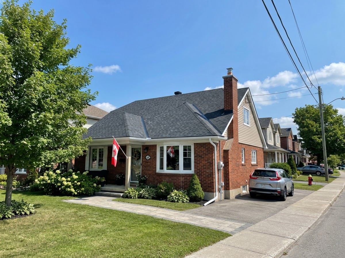 Completed asphalt shingle roof on suburban home