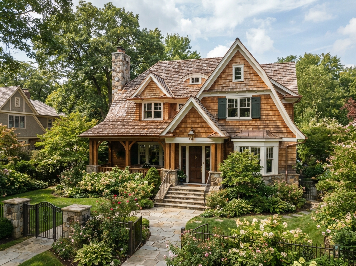 Warm natural cedar shake roof on a character home