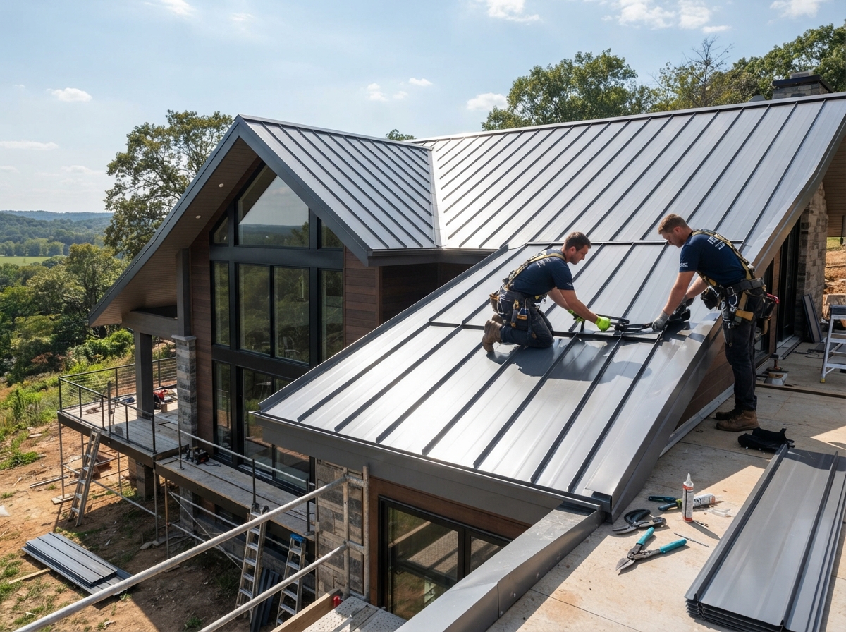 Standing seam metal roof gleaming in sunlight