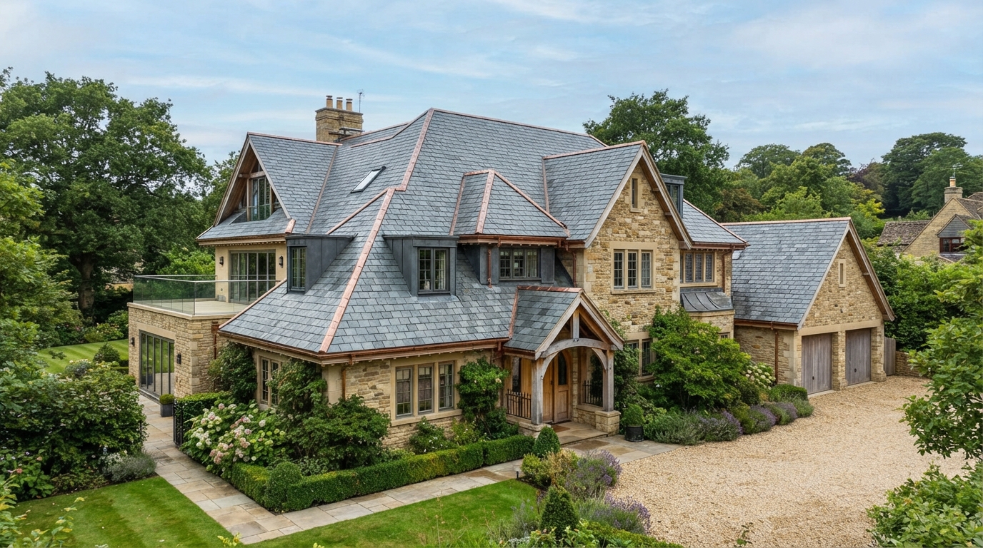 Elegant premium slate roof detail on upscale luxury home