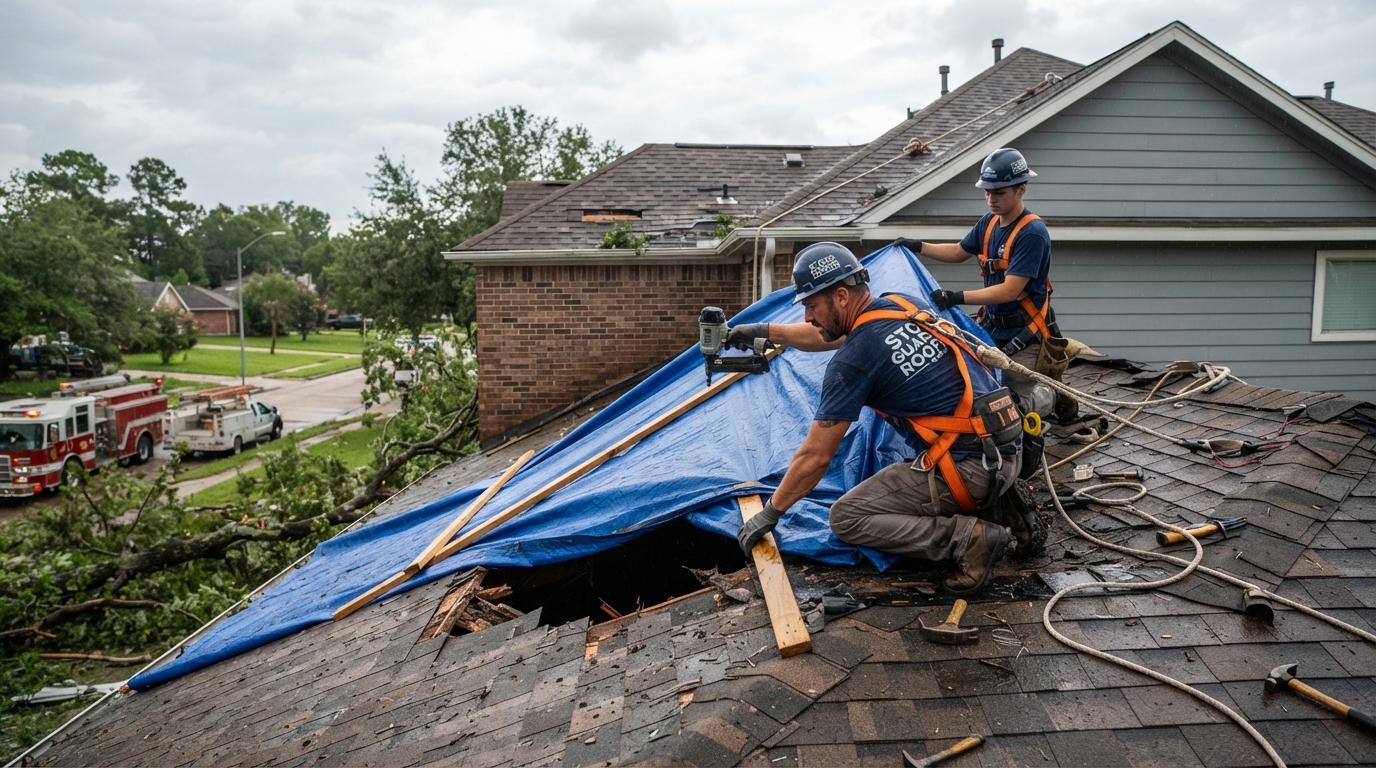 Professional roofer responding to emergency storm damage on residential roof