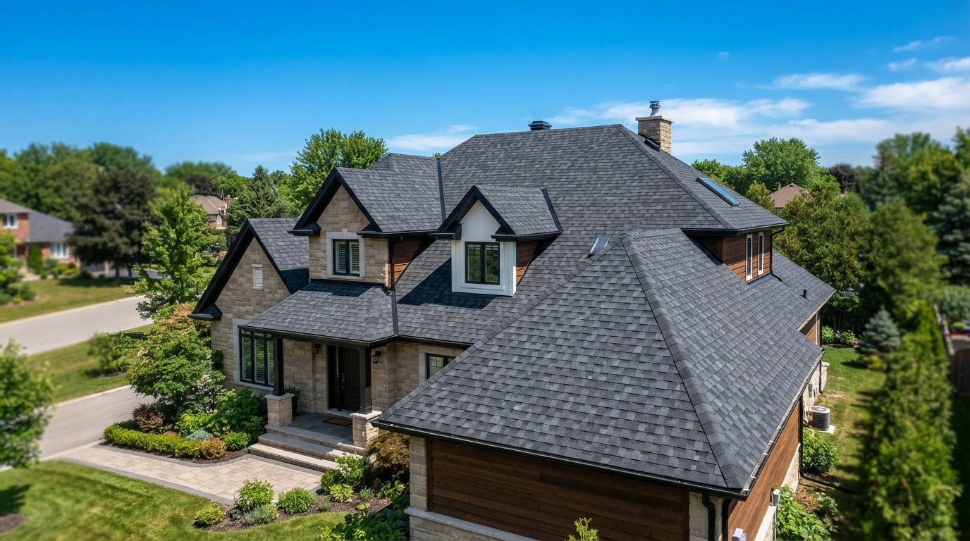 Beautiful completed residential roof against a clear blue sky