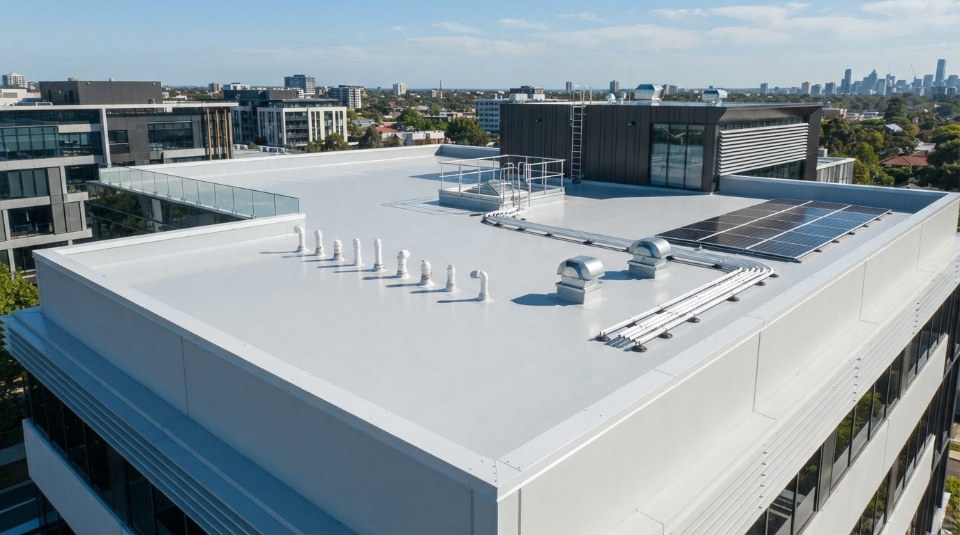 Clean modern flat roof membrane system on building