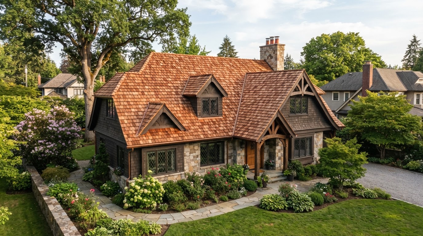 Warm natural cedar shake roof on character home