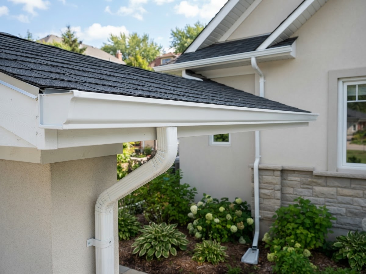 Clean seamless eavestrough along a residential roofline