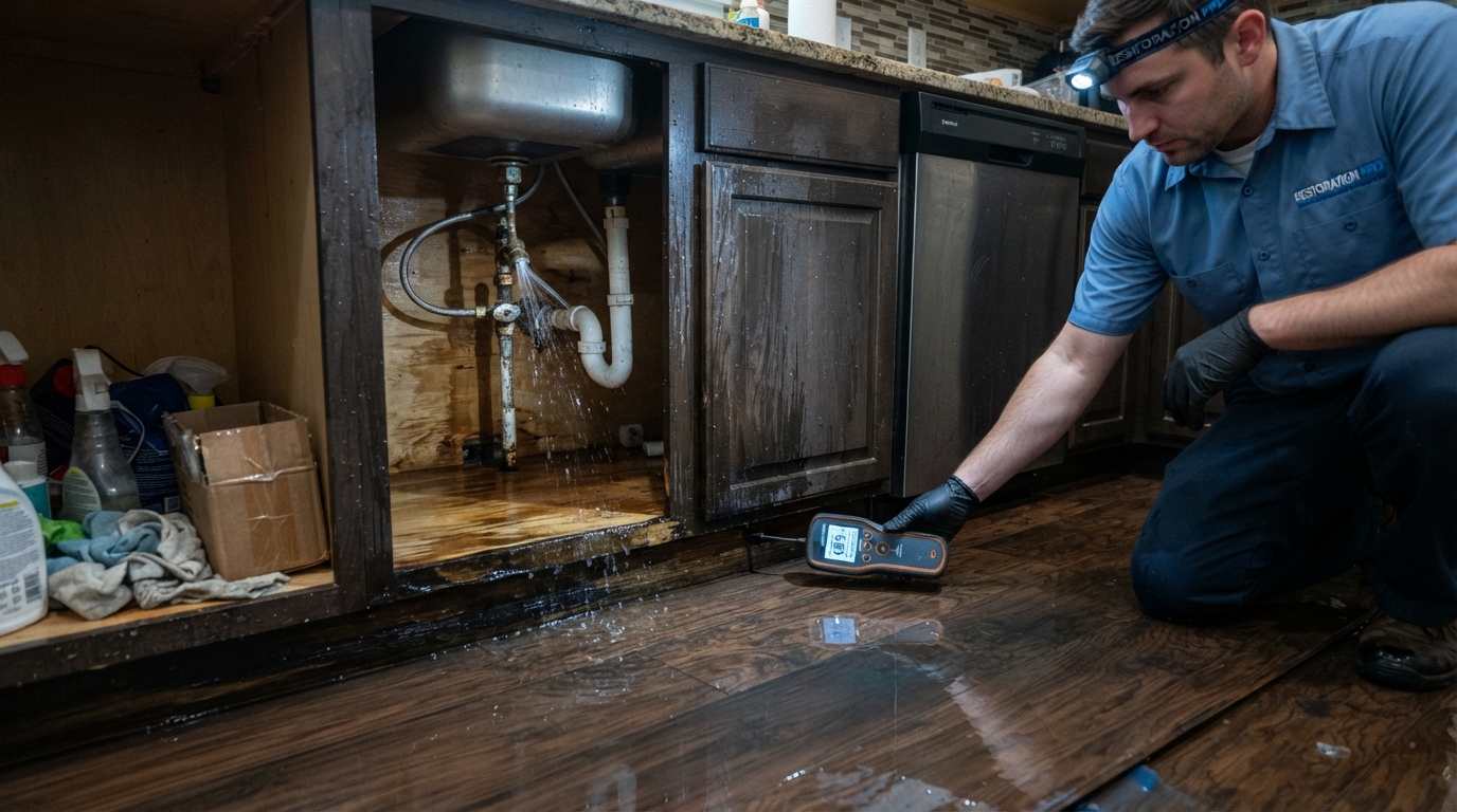 Water damage from a burst pipe under a kitchen sink with water pooling on the floor near cabinets in a Daytona Beach home