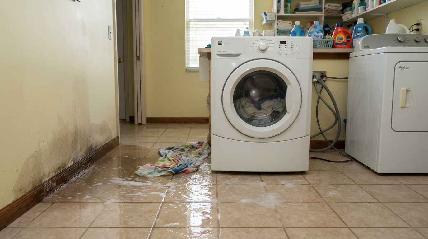 Before washing machine overflow cleanup with wet floor near Orange City, Florida