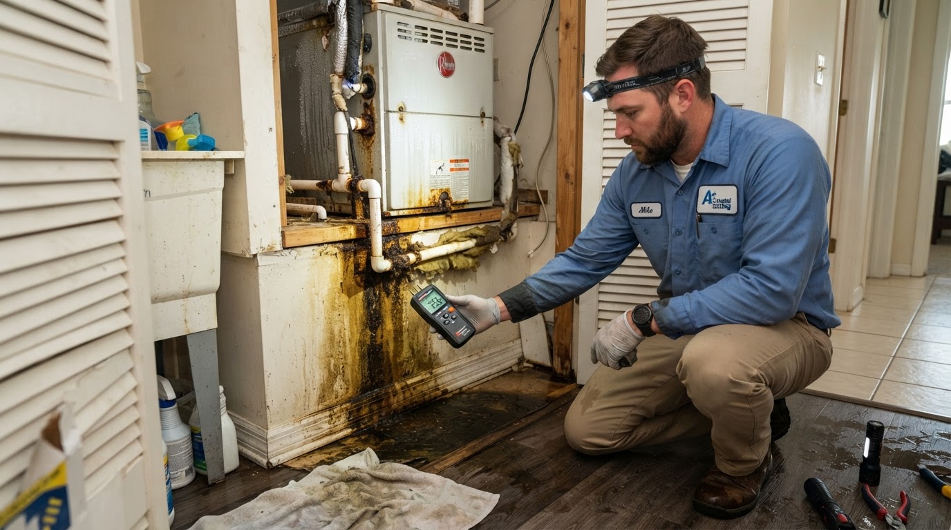 AC HVAC condensate drain line water damage with staining and moisture around an air handler unit in a utility closet
