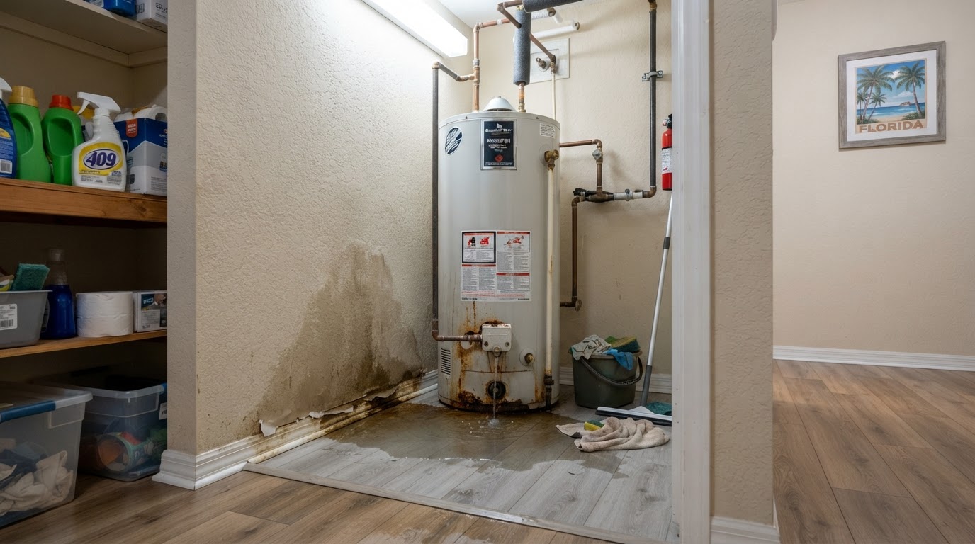Before water heater leak cleanup with standing water in Orange City, Florida