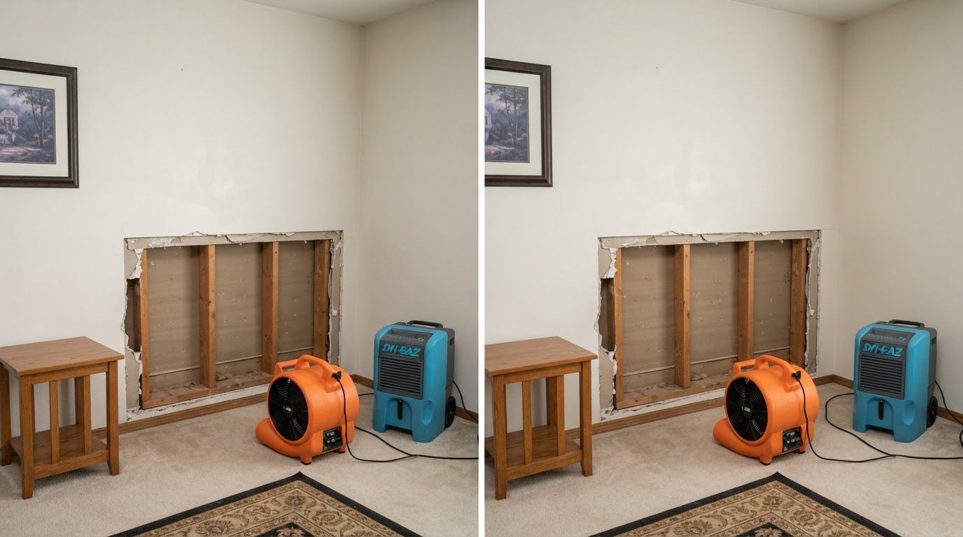After burst pipe cleanup with wall opened for drying in Orange City, Florida