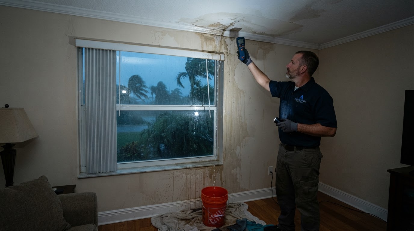 Storm water intrusion in a Daytona Beach home showing wet ceiling and walls after wind-driven rain damage